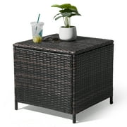 IVV Outdoor Wicker Side Table with Storage, Patio Rattan End Table 27 Gallon Square Container Coffee Table Backyard Pool for Furniture Covers, Toys and Gardening Tools (Brown)
